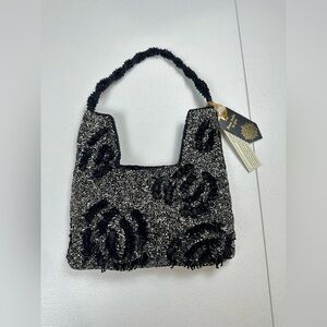 New RARE From India to You Beaded Bag Silver With Black‎  Flowers Viral TikTok